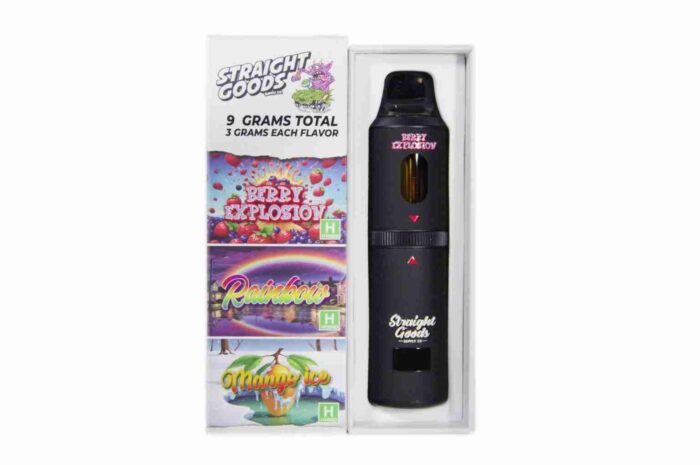 * New * Straight Goods Triple Chamber Vape – Berry Explosion + Rainbow + Mango Ice (3 Grams + 3 Grams + 3 Gram)
$150 each